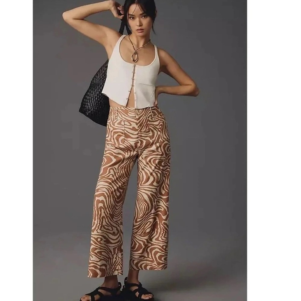 Maeve Anthropologie The Colette Wide Leg Pants Brown zebra Print Size 8